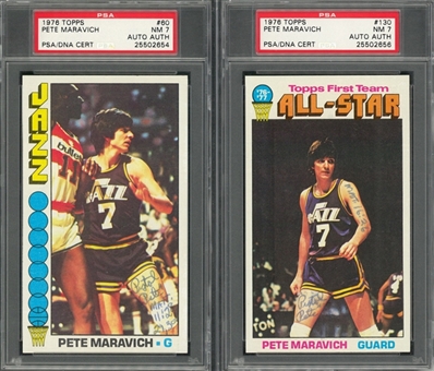 1976 Topps Pete Maravich Signed Cards Pair (2 Different) – Both PSA/DNA NM 7